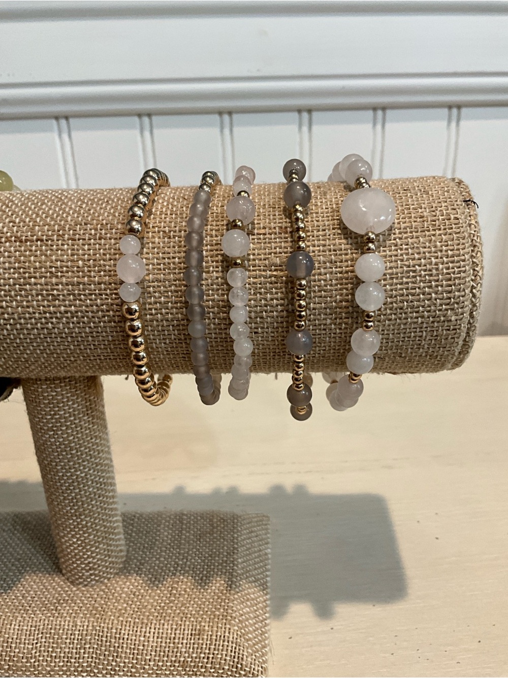 Elegant White and Gray Beaded Stretch Bracelet Set